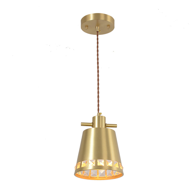 Metal Conical Down Lighting Post Modern 1 Head Brass Pendant with Crystal Embedded Edge Design