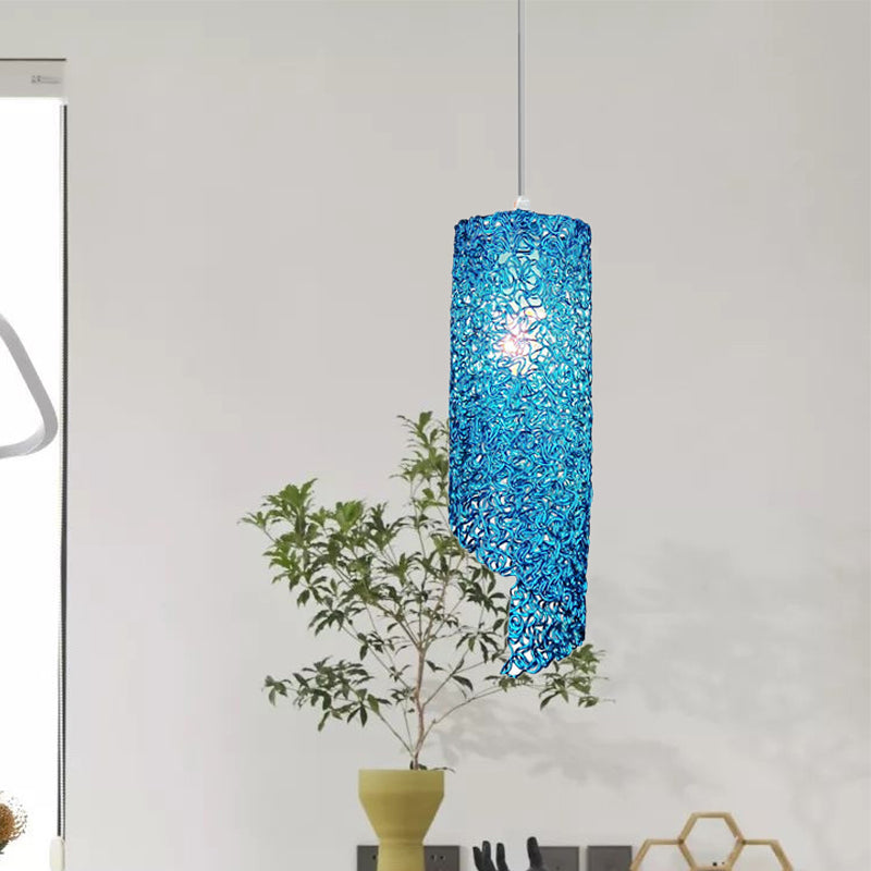 Silver/Brown/Blue Finish Cylinder Hanging Light Contemporary 1-Light Aluminum Wire Pendant Ceiling Lamp