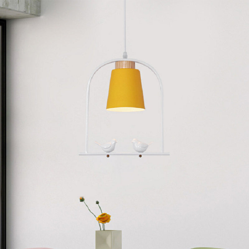 Bird Cage Shape Metal Down Lighting Macaron 1 Head White/Black/Grey Finish Pendulum Lamp with Small Barrel Shade