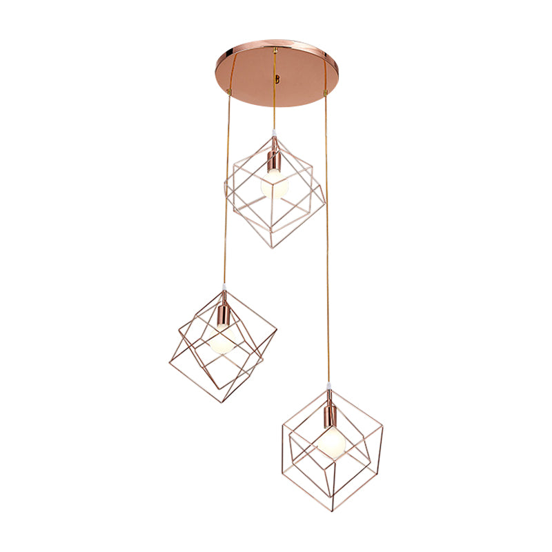 Rose Gold Finish Cube Cage Multi Ceiling Light Modern 3 Bulbs Iron Ceiling Suspension Lamp with Round Canopy