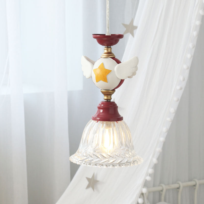 Bell Clear Glass Drop Lampe Cartoon 1-Kopf-Rot-Down-Beleuchtung Anhänger mit Globus/Vogeldesign für Schlafzimmer