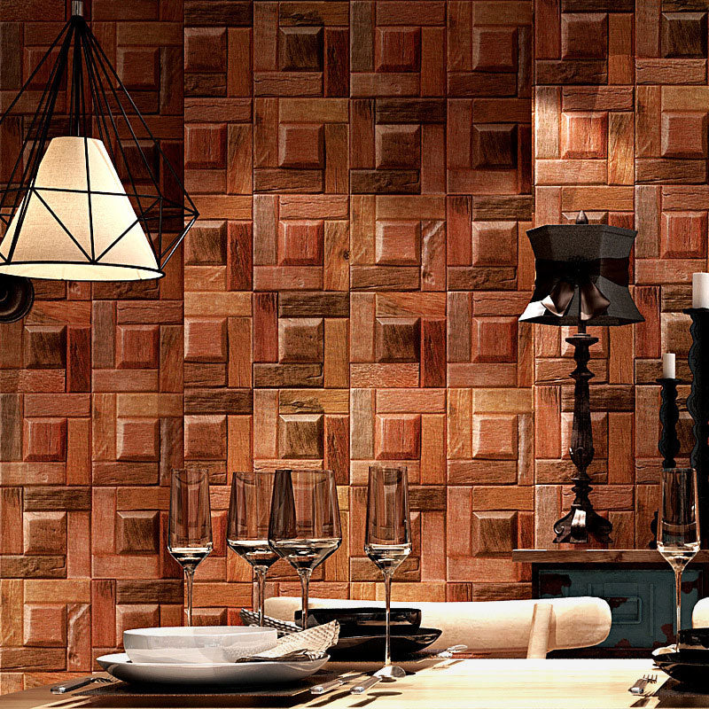 Stain-Resistant Cube Wallpaper Non-Pasted 3D Wood PVC Wall Covering in Dark Red