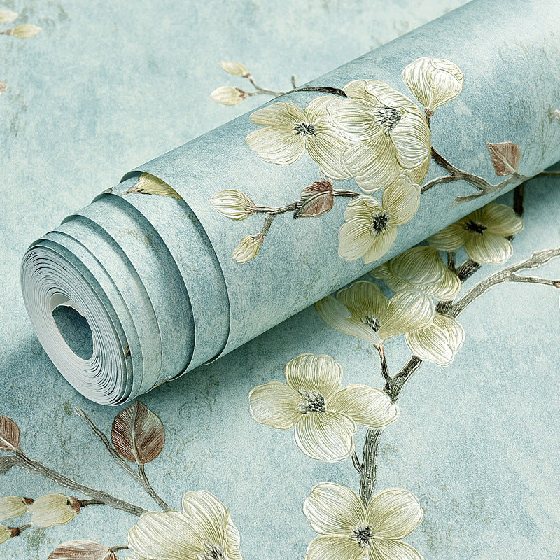 Pastel Blue 3D Embossed Floral Pattern 57.1 sq ft. Non-Pasted Stain-Resistant Wallpaper