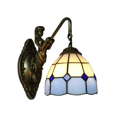 1 Head Wall Mount Light Tiffany Grid Patterned White and Blue Glass Sconce Light Fixture