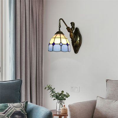 1 Head Wall Mount Light Tiffany Grid Patterned White and Blue Glass Sconce Light Fixture
