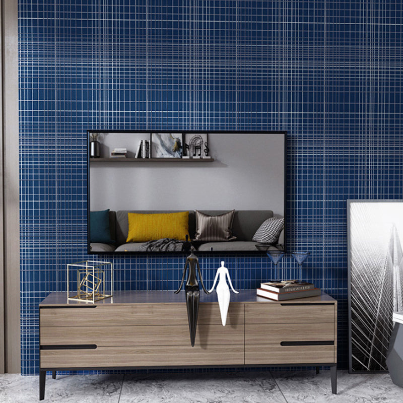 Non-Woven Fabric Wallpaper with Blue and White Grid and Line, Non-Pasted