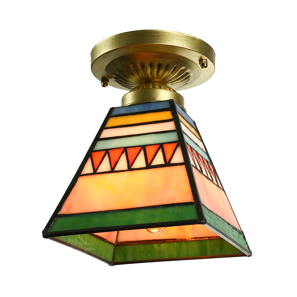 Mini plafonnier trapèze style mission en verre teinté, plafonnier à 1 lumière en laiton brossé