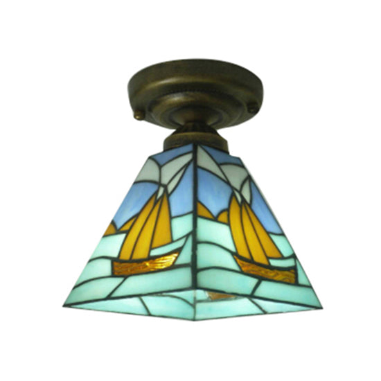 Nautical Sailboat Flush Light Stained Glass 1 Light Flush Ceiling Light in Blue for Bathroom