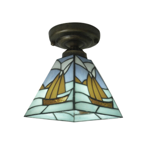 Nautical Sailboat Flush Light Stained Glass 1 Light Flush Ceiling Light in Blue for Bathroom