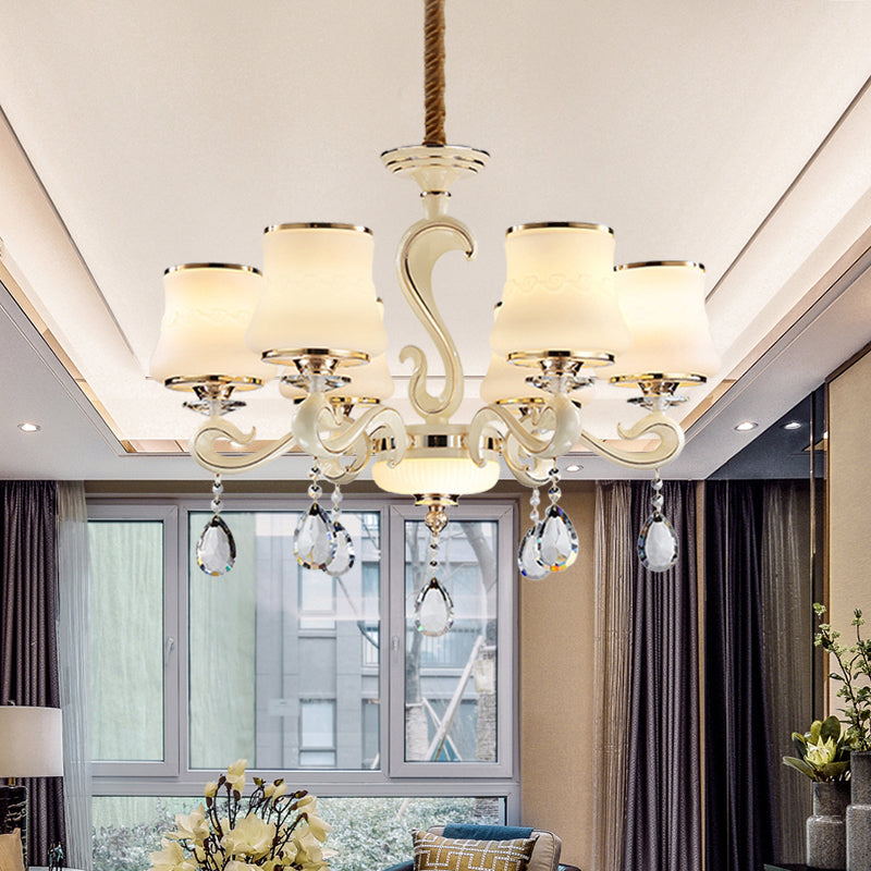 Beige 6-licht plafondlamp Minimalistisch Cream Glass Bell Crystal Kroonluchter Hanglampje