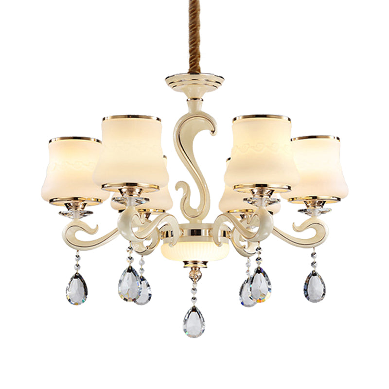 Beige 6-licht plafondlamp Minimalistisch Cream Glass Bell Crystal Kroonluchter Hanglampje