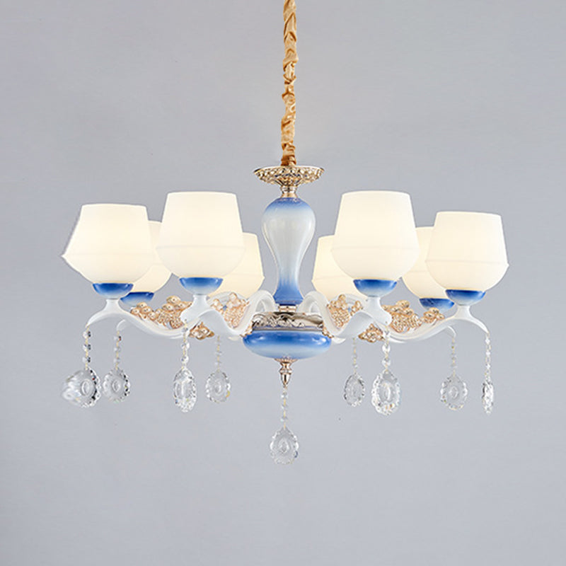 Moderne taps toelopende hangers kroonluchter 8 bollen ivoorglas kristal suspensie licht in blauw en wit