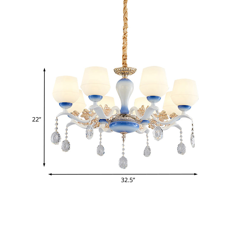 Moderne taps toelopende hangers kroonluchter 8 bollen ivoorglas kristal suspensie licht in blauw en wit
