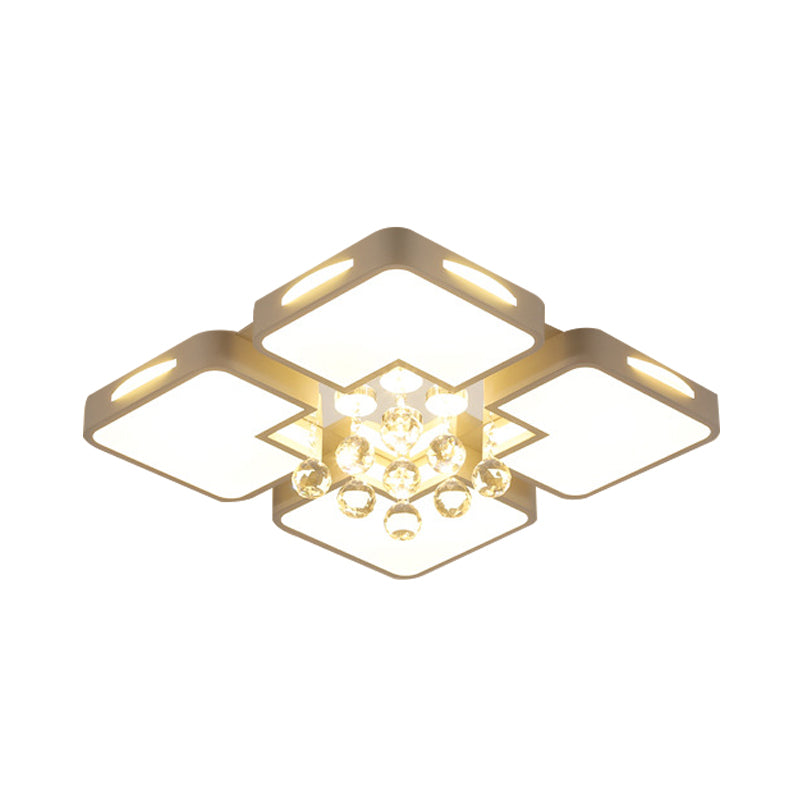 Plafonnier LED carré en acrylique blanc, plafonnier minimaliste avec décor de boule de cristal