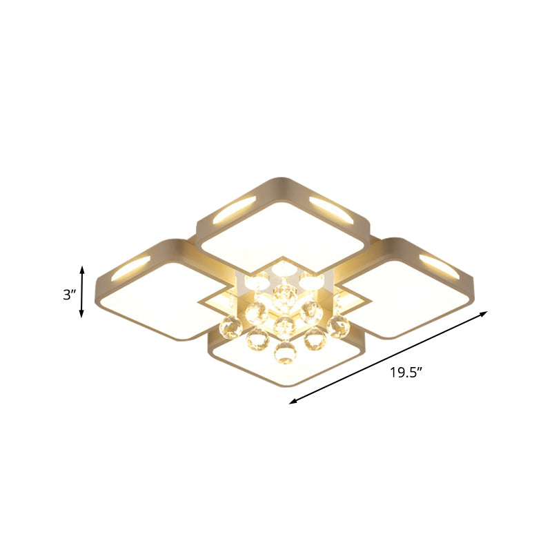 Plafonnier LED carré en acrylique blanc, plafonnier minimaliste avec décor de boule de cristal