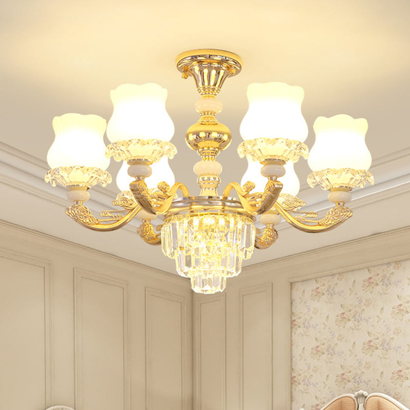 Cream Glass Flower Ceiling Flush Modern 3/6 Lights Bedroom Crystal Semi Flush Light in Gold