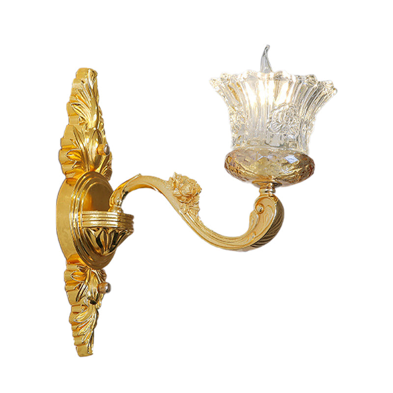 Single Bulb Crystal Glass Sconce Simple Gold Flower Corridor Wall Light with Swooping Arm