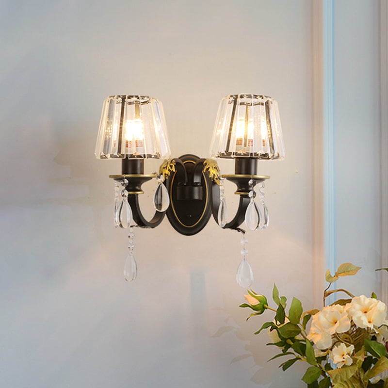 Conical Crystal Wall Lamp Sconce Modern 2 Lights Living Room Wall Light in Black and Gold