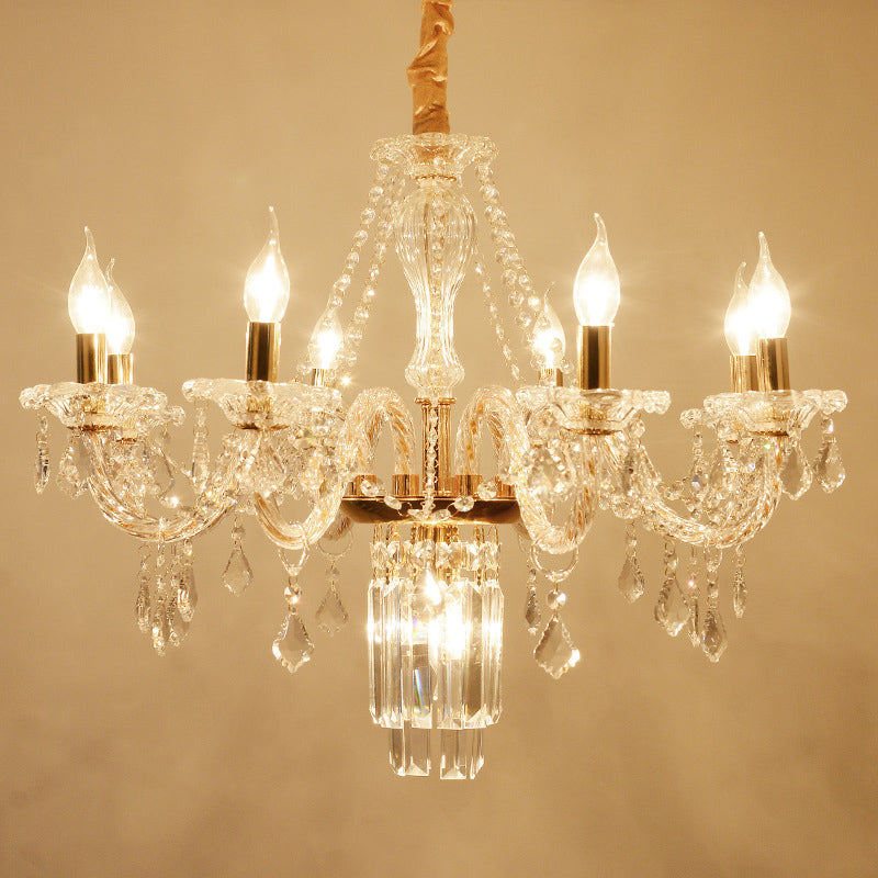 Bell/Candle Crystal Chandelier Light Vintage 8 Lights Dining Room Pendant in Gold with/without Fabric Shade