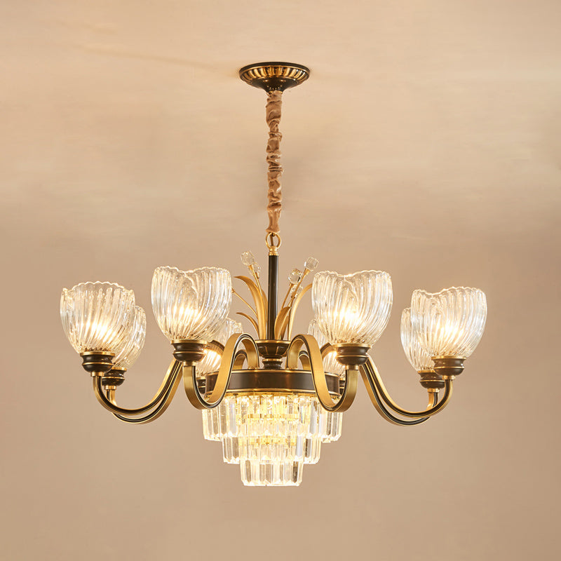 Braccio curvy soggiorno lampadario classico vetro prismatico in vetro a 8 luci oro a pendente