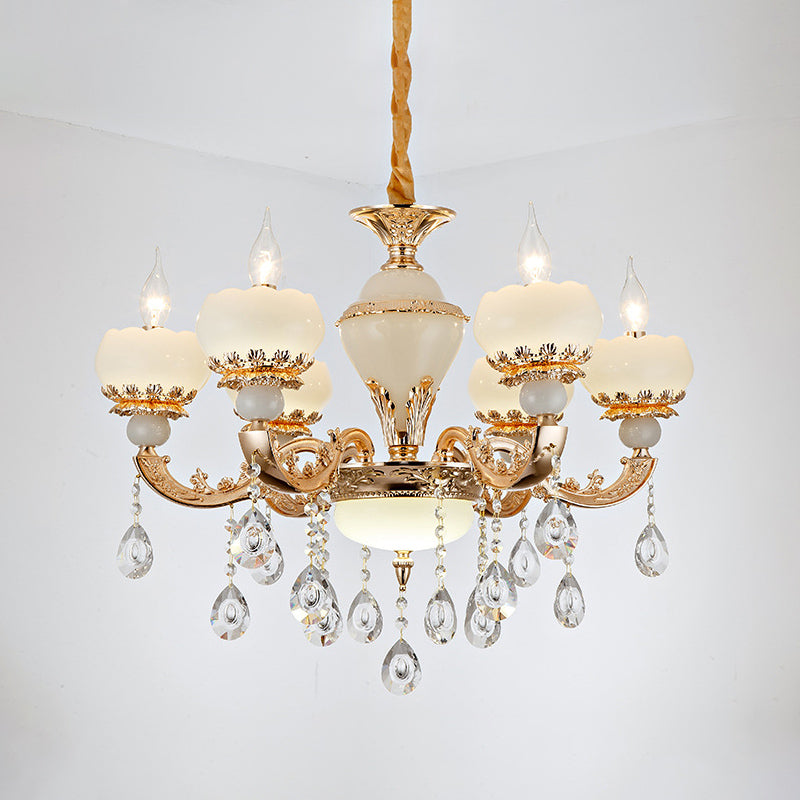 Jade Gold Chandelier Lamp Candle 6 Heads Bedroom Ceiling Light with Crystal Draping