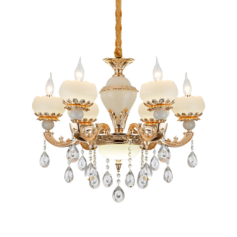 Jade Gold Chandelier Lamp Candle 6 Heads Bedroom Ceiling Light with Crystal Draping