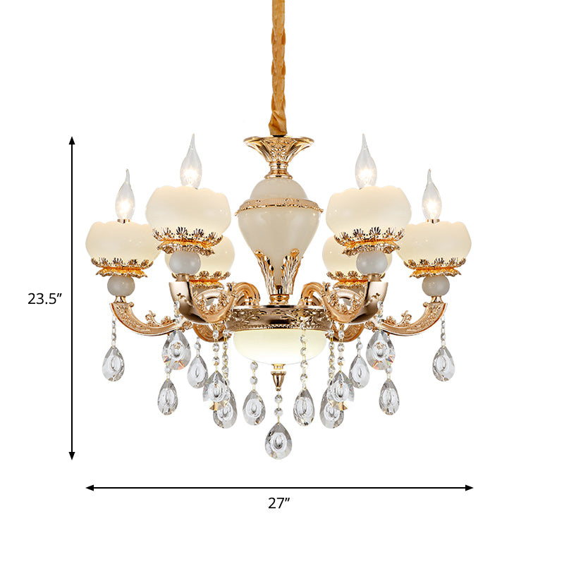 Jade Gold Chandelier Lamp Candle 6 Heads Bedroom Ceiling Light with Crystal Draping