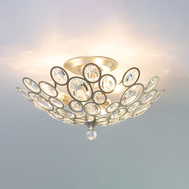 Silver Dome Ceiling Flush Mount Modernism Hand-Cut Crystal 3 Heads Corridor Semi Flush Light Fixture
