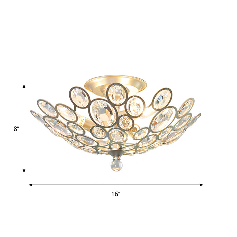 Silver Dome Ceiling Flush Mount Modernism Hand-Cut Crystal 3 Heads Corridor Semi Flush Light Fixture