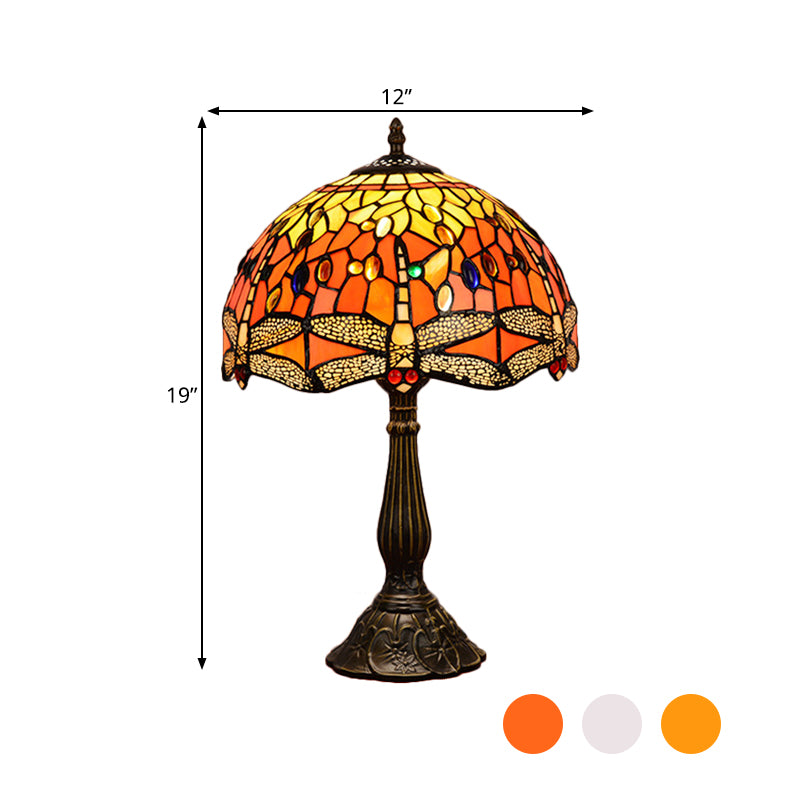 Dragonfly Table Light 1-Head Stained Art Glass Tiffany Night Lamp in White/Yellow/Orange for Living Room