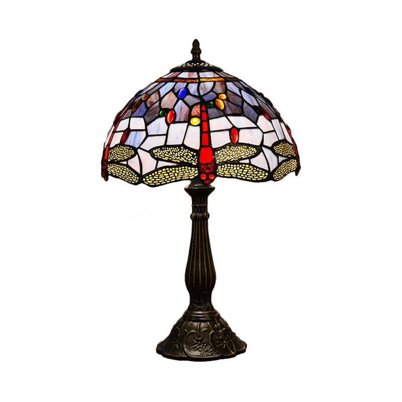 Dragonfly Table Light 1-Head Stained Art Glass Tiffany Night Lamp in White/Yellow/Orange for Living Room