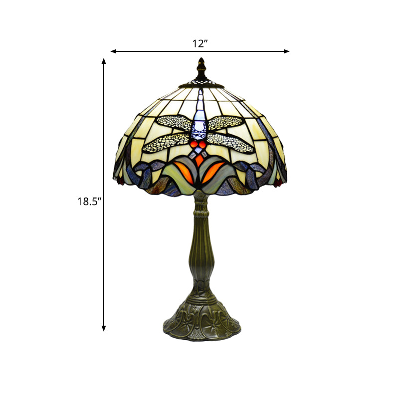 Dragonfly di luce notturno in bronzo in vetro a mano sul fiore 1 lampada da tavolo tiffany per letto