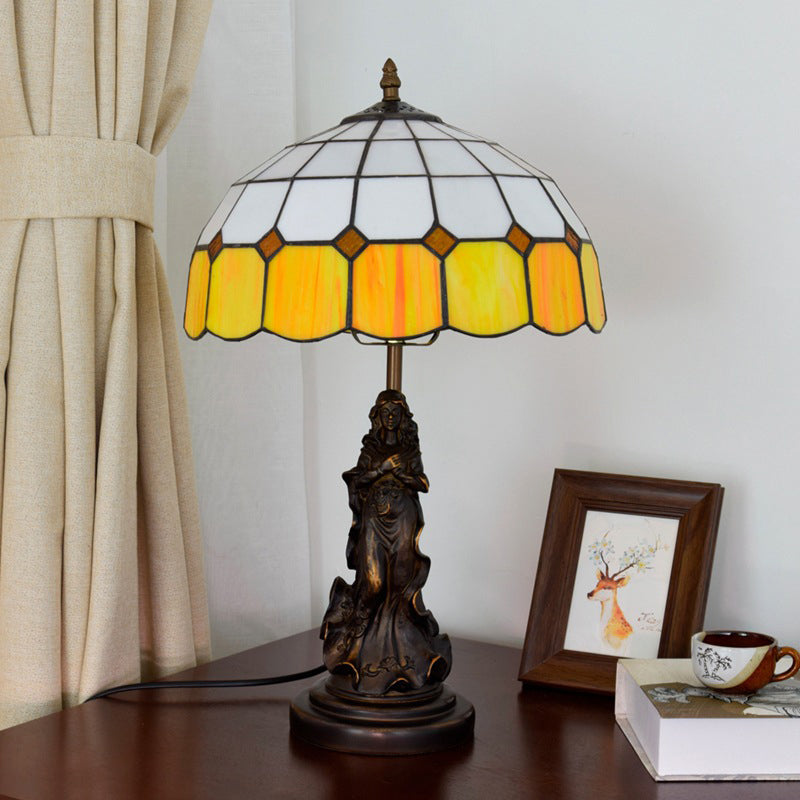 Résine bronze night stand léger ange fille 1 tête lampe de table vintage avec nuance en verre de grille orange et blanche