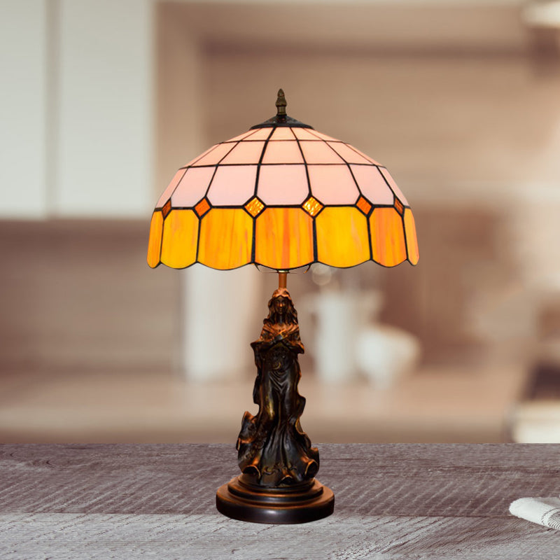 Résine bronze night stand léger ange fille 1 tête lampe de table vintage avec nuance en verre de grille orange et blanche