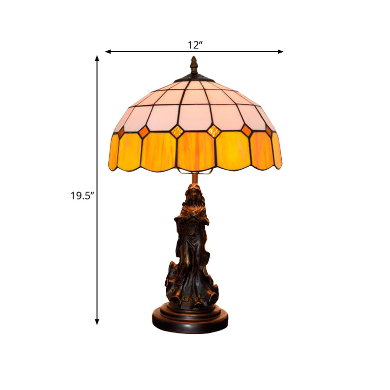Résine bronze night stand léger ange fille 1 tête lampe de table vintage avec nuance en verre de grille orange et blanche