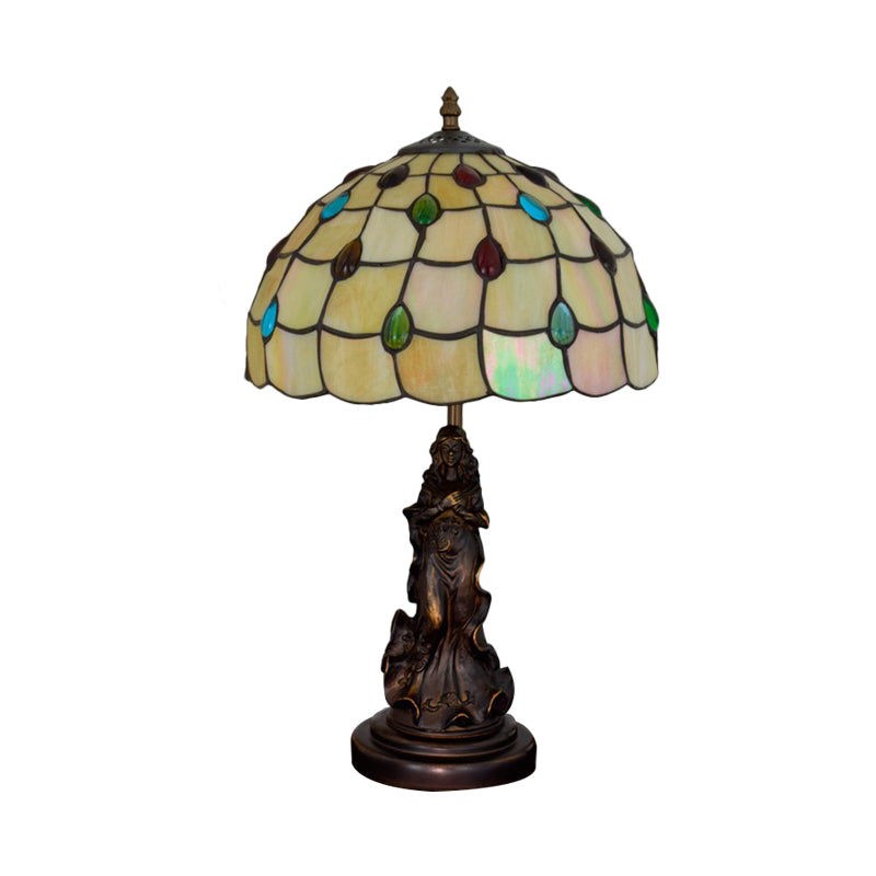Cabochons-Embellished Grid Night Light 1-Light White/Beige Glass Tiffany Tischlampe mit Engel Dekor