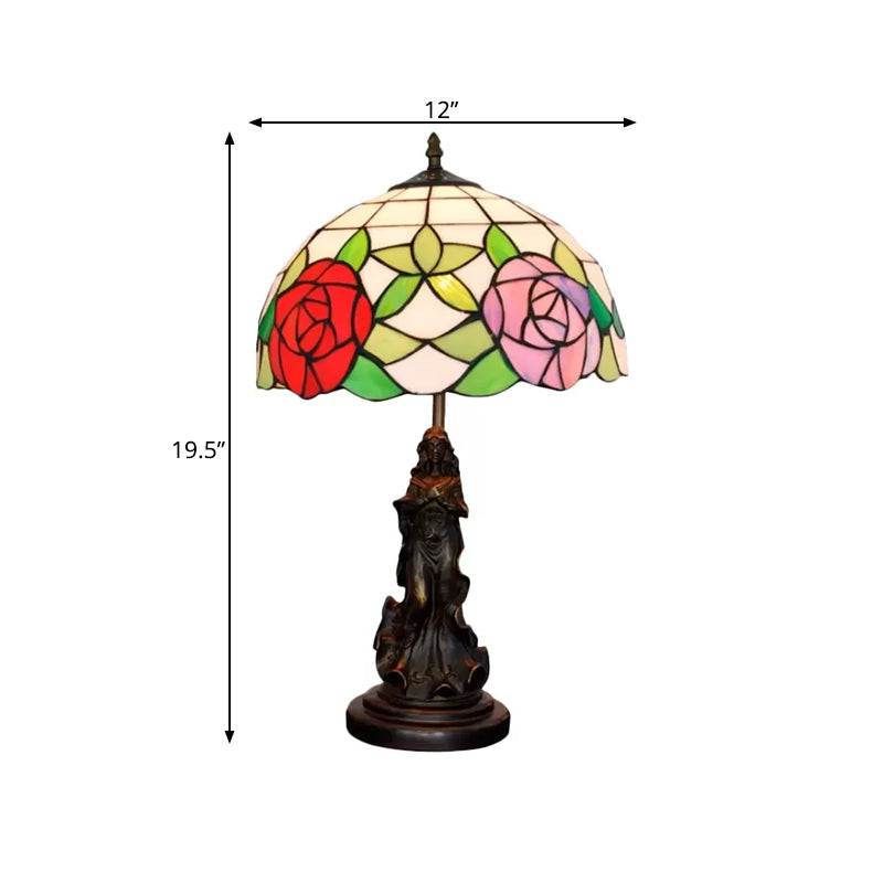 Lampada da comodino Beauty in bronzo Tiffany Lampada da tavolo in resina a 1 lampadina con paralume in vetro floreale rosa/viola