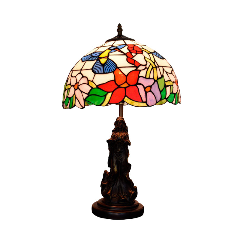 Magpie/flor de cúpula estampada lámpara nocturna Tiffany White/beige Vidrete 1 cabezal de mesa de bronce Luz con pedestal de ángel