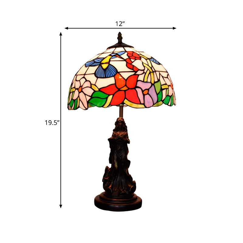 Magpie/flor de cúpula estampada lámpara nocturna Tiffany White/beige Vidrete 1 cabezal de mesa de bronce Luz con pedestal de ángel