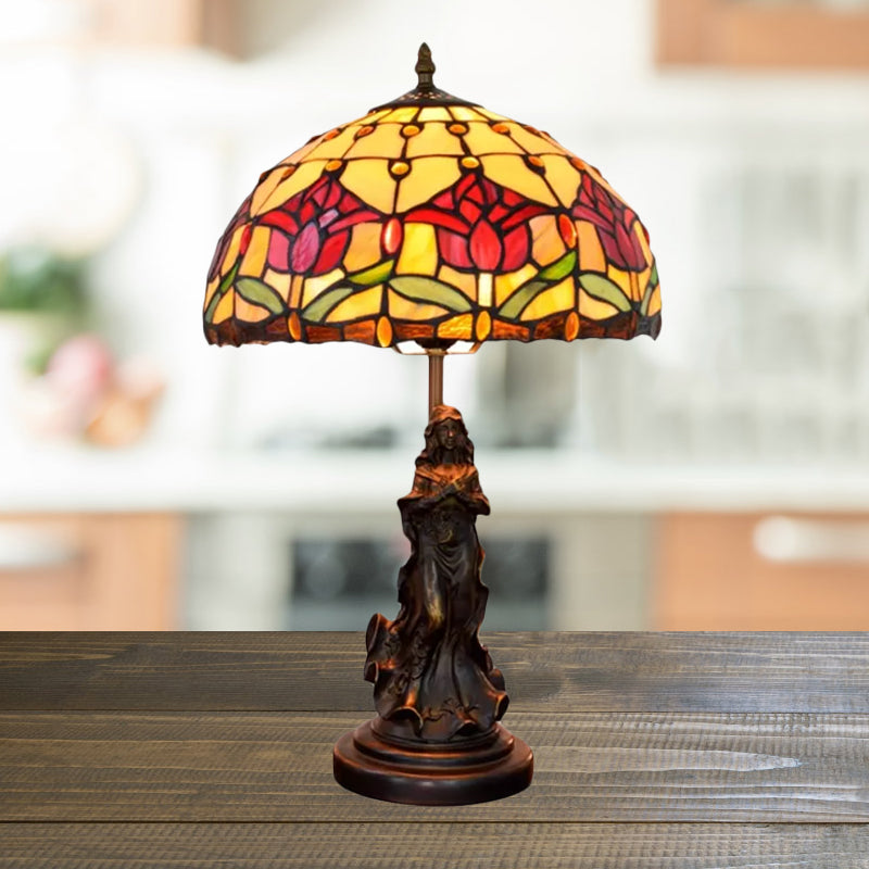 Magpie/flor de cúpula estampada lámpara nocturna Tiffany White/beige Vidrete 1 cabezal de mesa de bronce Luz con pedestal de ángel