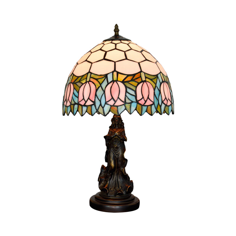 1 Table ombre en nid d'abeille Light Tiffany Tiffany Bronze Tachage de cheminée en vitrail avec bord rose et base ange