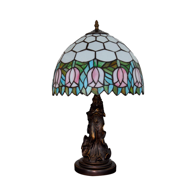 1 Table ombre en nid d'abeille Light Tiffany Tiffany Bronze Tachage de cheminée en vitrail avec bord rose et base ange