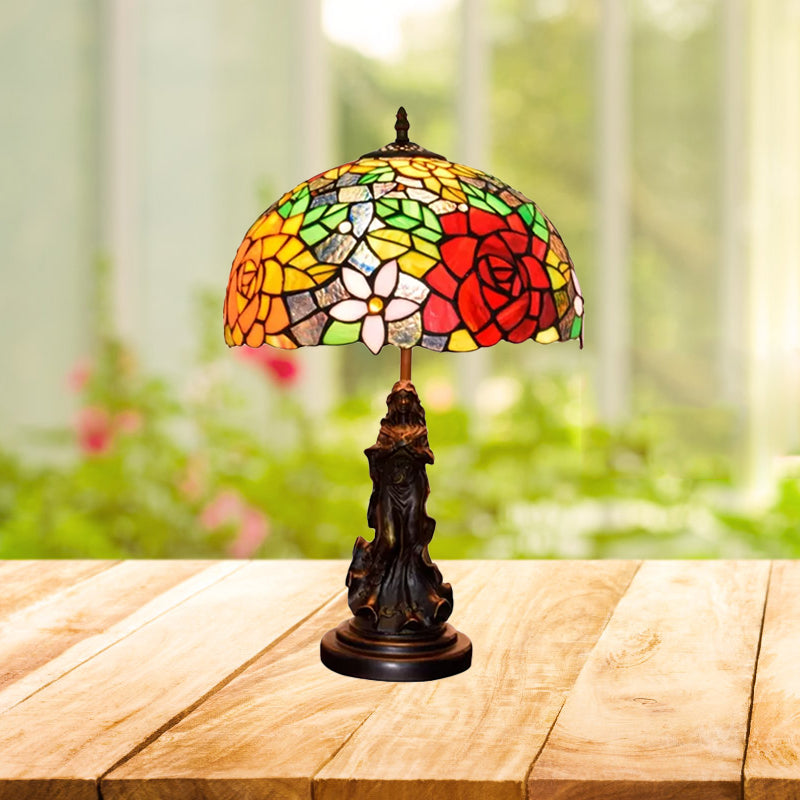 Stained Art Glass Red/Orange Night Light Flowering Single Bulb Tiffany-Style Table Lamp with Angel Statue