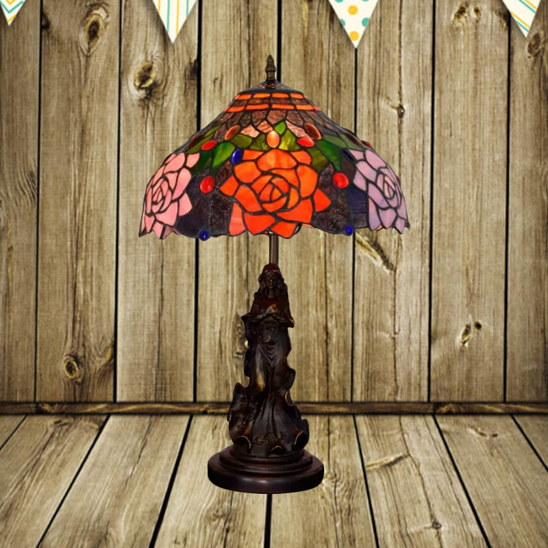 Stained Art Glass Red/Orange Night Light Flowering Single Bulb Tiffany-Style Table Lamp with Angel Statue