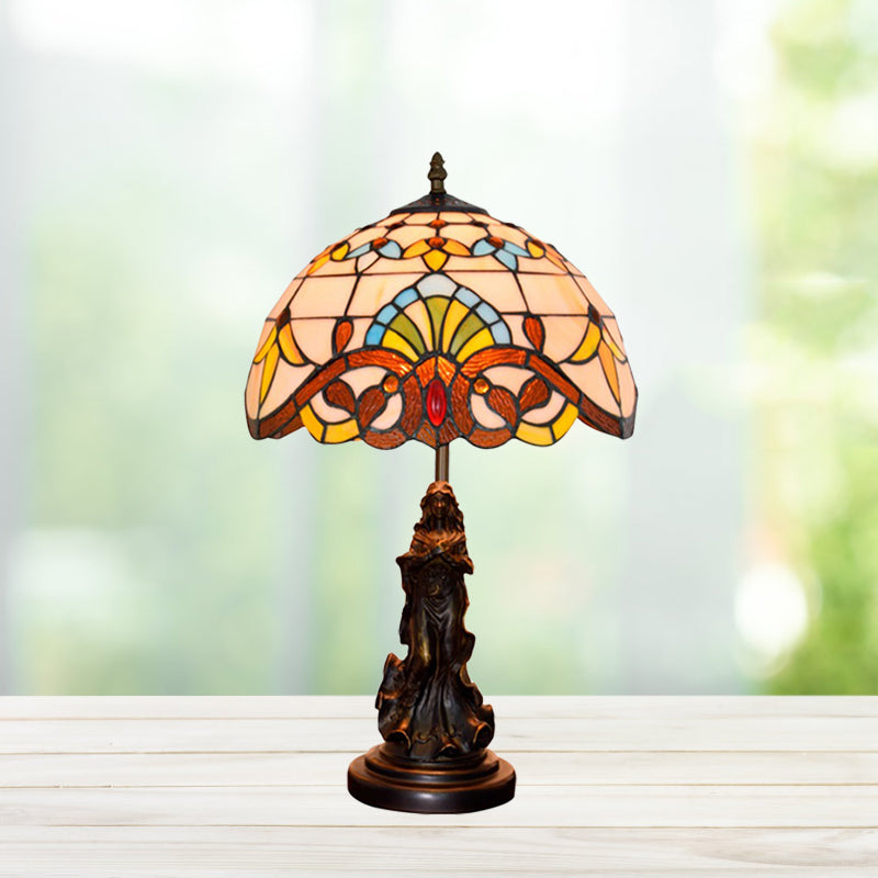 Beige/Blue Stained Glass Dome Table Light Tiffany Style 1 Bulb Bronze Nightstand Lamp with Angel Decoration