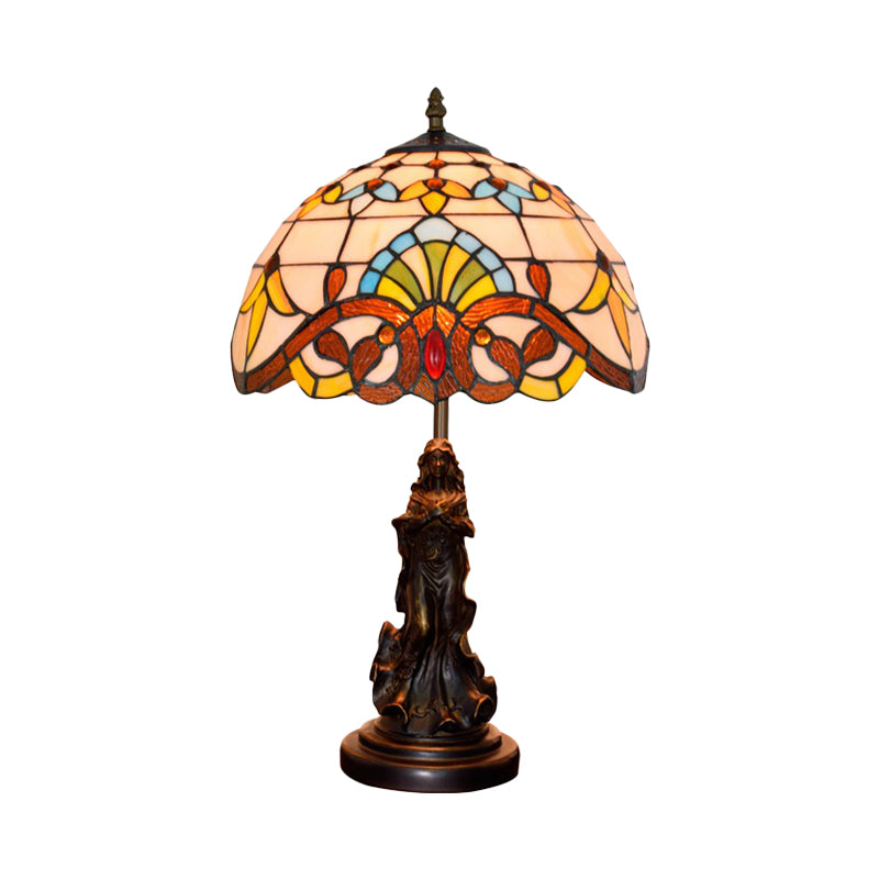 Beige/Blue Stained Glass Dome Table Light Tiffany Style 1 Bulb Bronze Nightstand Lamp with Angel Decoration
