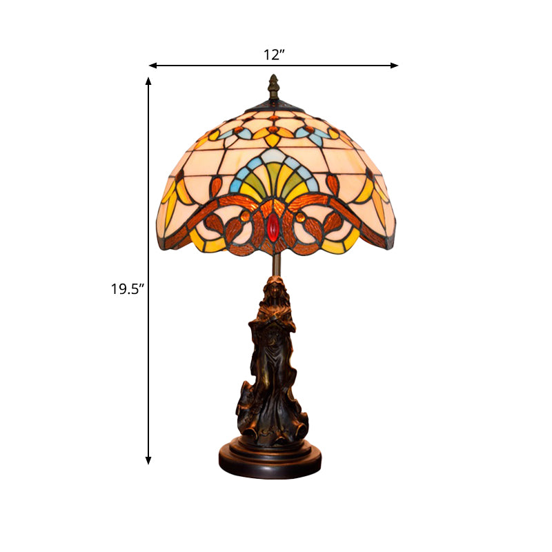 Beige/Blue Stained Glass Dome Table Light Tiffany Style 1 Bulb Bronze Nightstand Lamp with Angel Decoration
