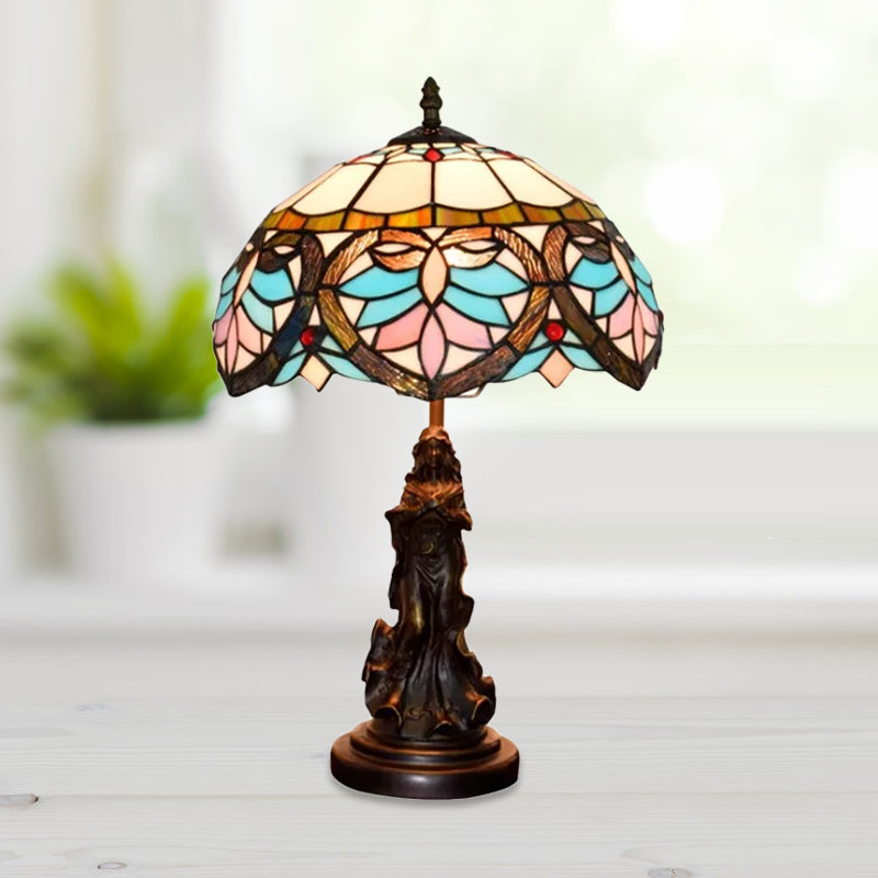 Beige/Blue Stained Glass Dome Table Light Tiffany Style 1 Bulb Bronze Nightstand Lamp with Angel Decoration