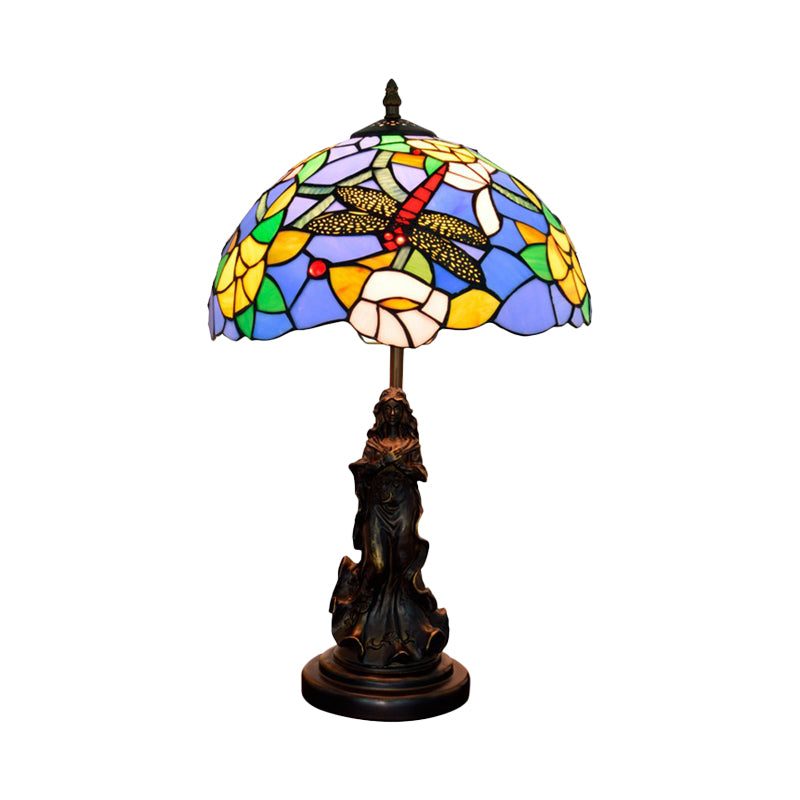 Mediterranean Dragonfly-Flower Table Lamp Single Blue/Yellow/Blue-White Night Stand Light with Angel Pedestal