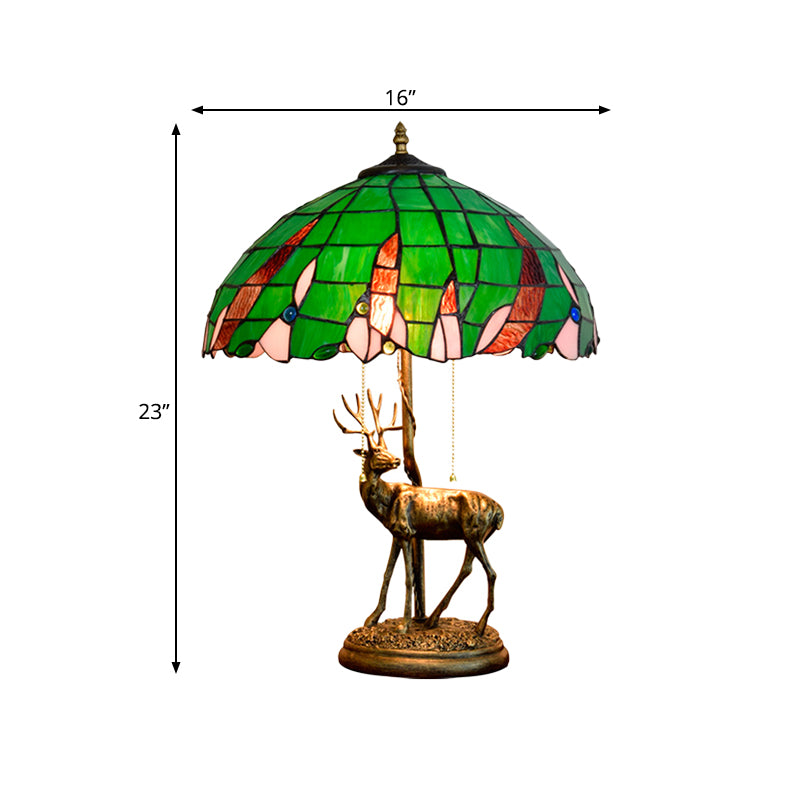 Bronze Deer Pull-Chain Night Lamp Vintage 2-Head Resin Table Light with Green Palm Leaf Glass Shade